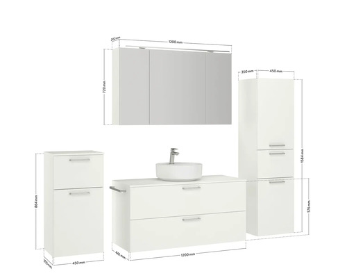 Badezimmer-Set mit Waschtisch, Spiegel, Waschbecken und Schränken mit Maßangaben