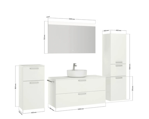 Badezimmermöbelset mit Waschtisch, Waschbecken, Spiegelschrank und Hochschrank mit Maßangaben