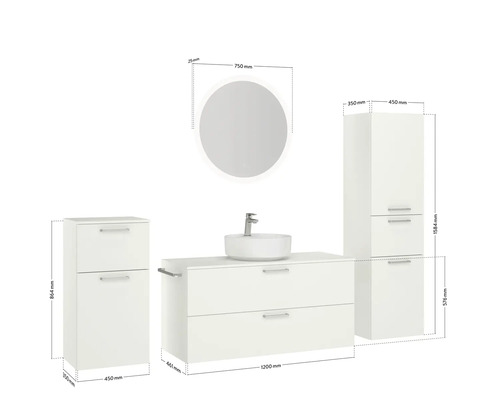 Waschtisch mit Spiegel, Waschbeckenunterschrank und Hochschrank mit Maßangaben