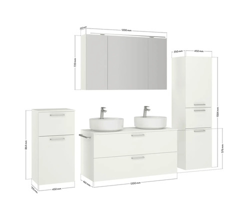 Badezimmermöbelset mit Waschtischunterschrank, Waschbecken, Spiegelschrank und Hochschrank mit Maßangaben