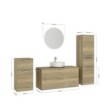 Badmöbel-Set NOBILIA Modern BxHxT 200 x 169,1 x 49 cm Frontfarbe eiche hell mit Spiegel rund mit LED-Beleuchtung Unterschrank Midischrank Griff schwarz 806