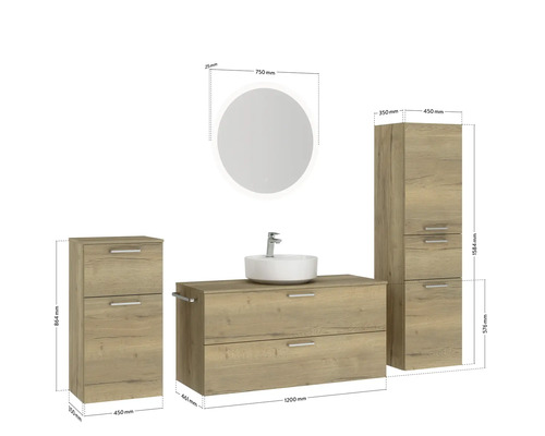 Badezimmermöbel Set mit Waschtisch, Spiegel und Seitenschränken mit Maßangaben