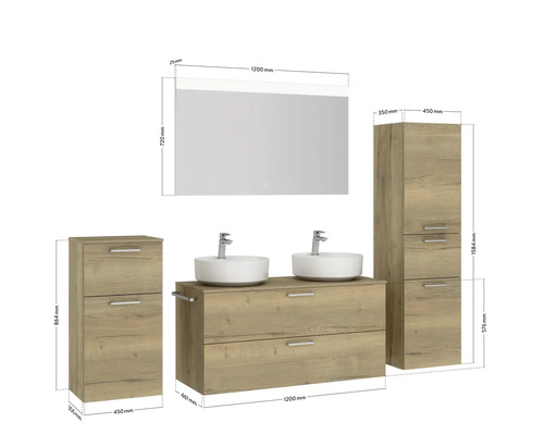 Ensemble de salle de bains avec lavabo, meuble sous-vasque, armoire de toilette et armoire haute avec dimensions.