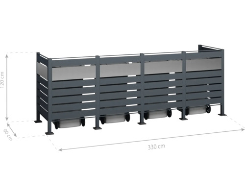 Mülltonnenbox für drei Mülltonnen, 330 cm breit, 120 cm hoch und 90 cm tief