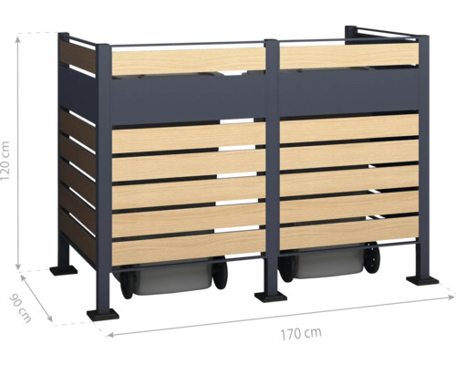 Mülltonnenbox mit zwei Stellplätzen, Rahmen aus Metall, Füllung aus Holzlatten, Abmessungen 170x120x90 cm