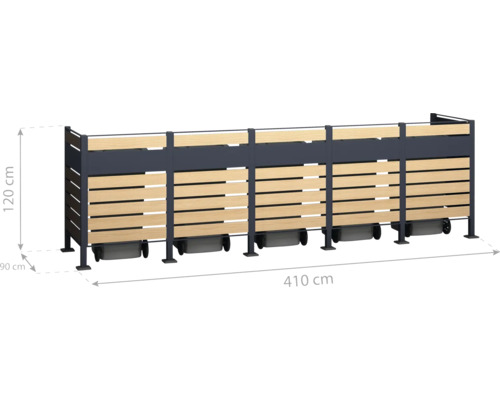 Box à ordures en métal et bois mesurant 410 x 120 x 90 centimètres