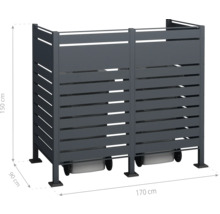 Mülltonnenbox für zwei Mülltonnen, gefertigt aus Metalllatten, mit den Maßen 170 mal 90 mal 150 Zentimeter.