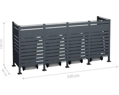 Mülltonnenbox aus Metall mit den Maßen 150 mal 330 mal 90 Zentimeter