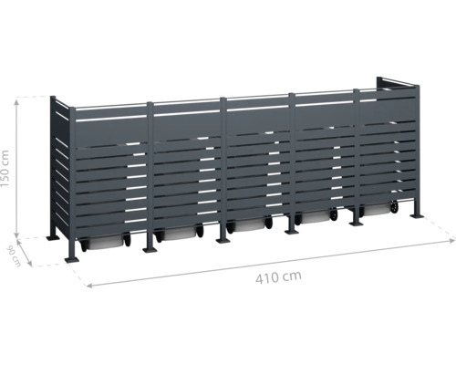 Sichtschutzzaun aus Aluminium mit den Maßen 150 cm Höhe, 90 cm Tiefe und 410 cm Länge.