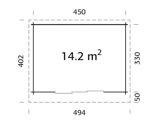 Plan avec des dimensions de 450 x 402 cm et une surface de 14,2 mètres carrés