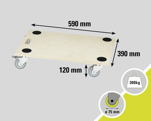 Möbelroller aus Holz mit einer maximalen Traglast von 300 Kilogramm und den Maßen 590 mal 390 Millimeter