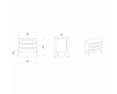 Dessin technique d''une commode à trois tiroirs avec dimensions