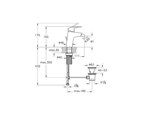 Technische Zeichnung eines Wasserhahns mit Maßangaben