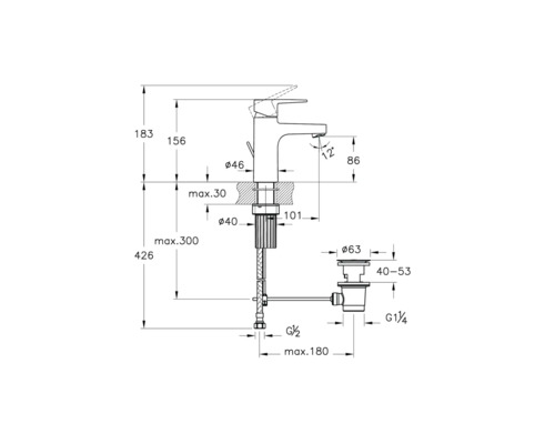 Technische Zeichnung einer Armatur mit Maßangaben