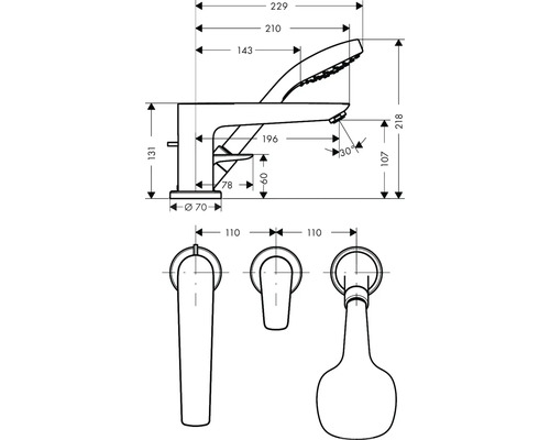 Technische Zeichnung einer Badarmatur mit Handbrause und Maßangaben