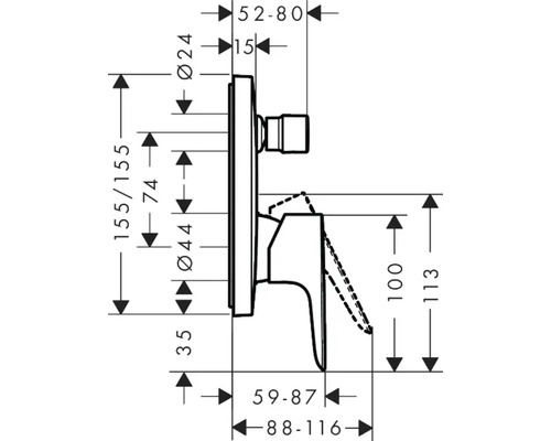Schéma coté d''un robinet de salle de bain avec les dimensions correspondantes