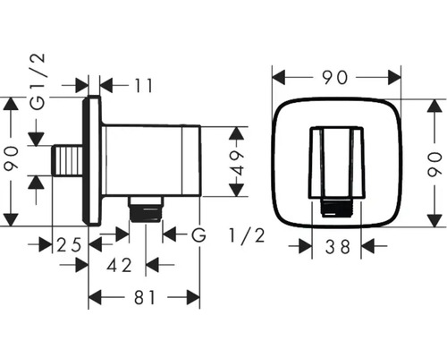 Technische Zeichnung eines Eckventils mit Maßangaben