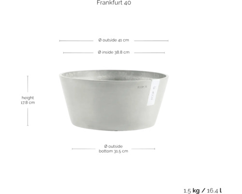 Frankfurt 40 Pflanzgefäß mit den Maßen: Höhe 17,8 cm, Außendurchmesser 41 cm, Innendurchmesser 38,8 cm, Durchmesser unten außen 31,5 cm, 1,5 Kilogramm Gewicht und 16,4 Liter Volumen.