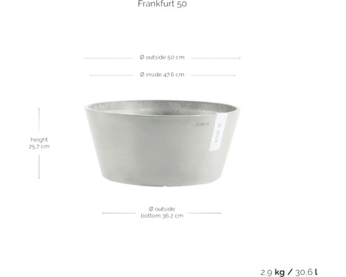Pot de fleurs Frankfurt 50 avec les dimensions hauteur 25,7 cm, diamètre extérieur 50 cm et diamètre intérieur 47,6 cm