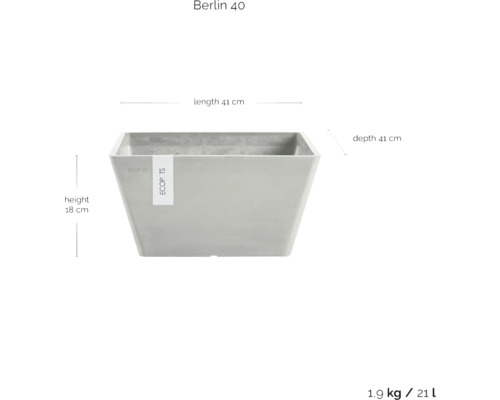 Vierckiger Pflanzkübel Berlin 40, Länge 41 Zentimeter, Tiefe 41 Zentimeter, Höhe 18 Zentimeter