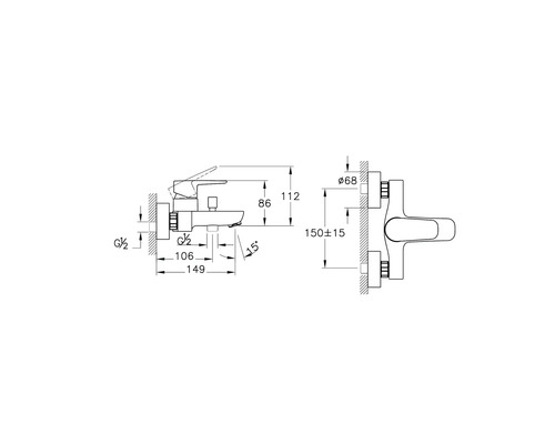 Technische Zeichnung einer Armatur mit Maßangaben für die Installation