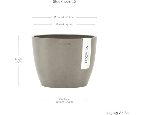 Pot de fleurs Stockholm 16, diamètre extérieur 16,2 cm, diamètre intérieur 15 cm, hauteur 12 cm