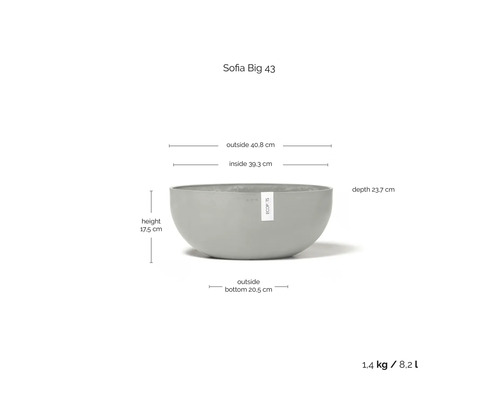 Sofia Big 43 Pflanzgefäß mit den Maßen: Außen 40,8 cm, Innen 39,3 cm, Tiefe 23,7 cm, Höhe 17,5 cm, Boden außen 20,5 cm, Gewicht 1,4 kg, Volumen 8,2 Liter