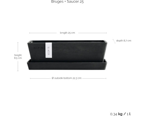 Ecopots Bruges Pflanzgefäß mit Untersetzer, Länge 25 cm