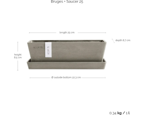 Ecopots Bruges jardinière avec soucoupe, longueur 25 cm