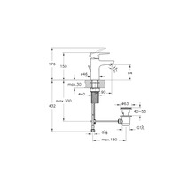 Schéma technique d''un mitigeur de lavabo avec indications de dimensions