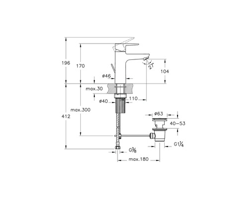 Technische Zeichnung eines Wasserhahns mit Maßangaben