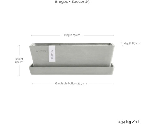 Ecopots Bruges Pflanzkasten mit Untersetzer, Laenge 25 cm