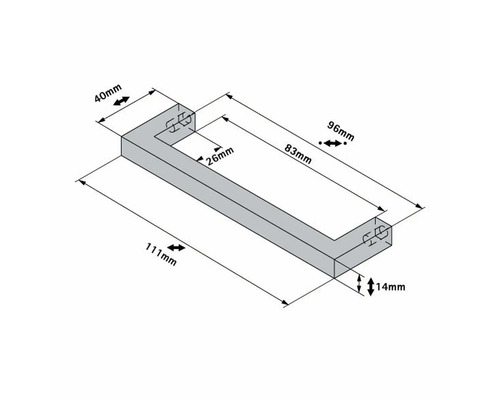 Technische Zeichnung eines Möbelgriffs mit Maßangaben.