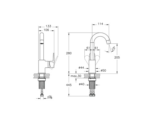 Schéma coté d''un robinet de cuisine avec dimensions
