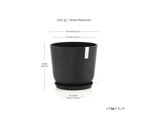Schwarzer Blumentopf Oslo 35 mit Wasserreservoir und Maßangaben