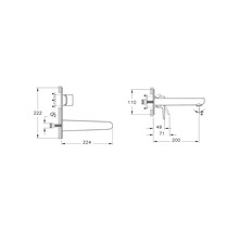 Dessin technique d''un robinet de lavabo mural avec indications de mesure