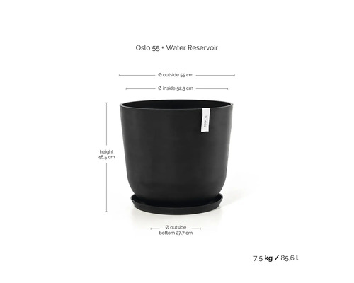 Schwarzer Pflanztopf Oslo 55 mit Wasserreservoir und Größenangaben
