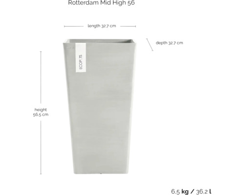 Abbildung eines eckigen Pflanzgefäßes mit den Maßangaben Höhe 56,5 cm, Länge 32,7 cm und Tiefe 32,7 cm.