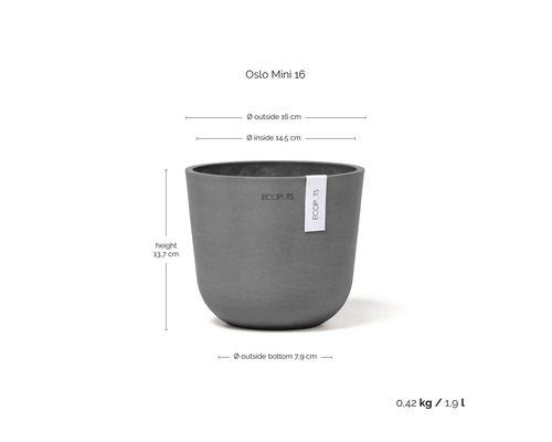 Grauer Ecopsots Oslo Mini 16 Blumentopf mit Maßangaben