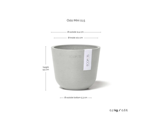 Pot de fleurs Oslo Mini 11.5 avec les dimensions hauteur 9,5 cm, diamètre extérieur 11,4 cm, diamètre intérieur 10,1 cm et diamètre extérieur inférieur 5,3 cm