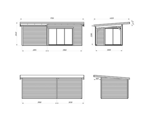 Technische Zeichnung eines Gartenhauses mit Maßen.