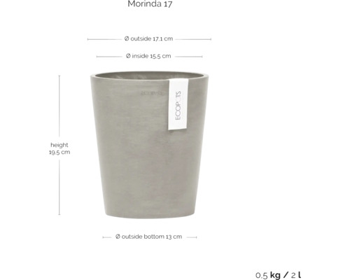 Morinda 17 Pflanzgefäß mit den Maßen Höhe 19,5 cm, Außendurchmesser 17,1 cm, Innendurchmesser 15,5 cm und Außendurchmesser unten 13 cm