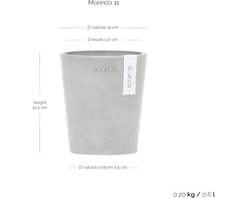 Ecopots Morinda 11 Blumentopf mit den Maßen Höhe 12,5 cm, Außendurchmesser 11 cm, Innendurchmesser 9,8 cm, Außendurchmesser unten 8,5 cm