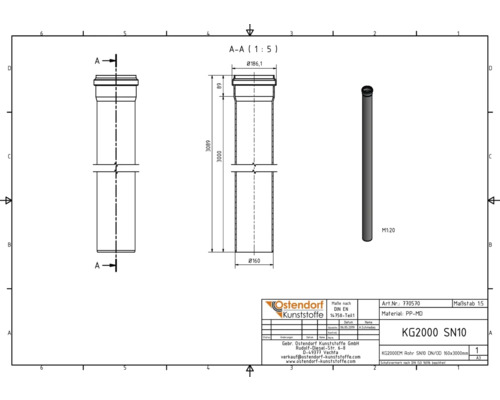 Technische Zeichnung eines KG 2000 SN10 Rohrsystems mit Maßangaben