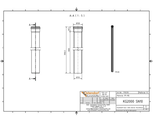 Technische Zeichnung eines KG2000 SN10 Rohrs DN/OD 110x3000 Millimeter von Ostendorf Kunststoffe