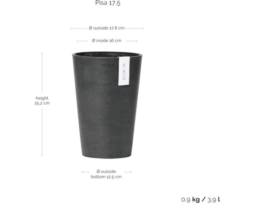 Pisa 17.5 Pflanztopf mit den Massen Höhe 25.2 cm, Durchmesser aussen 17.8 cm, Durchmesser innen 16 cm, Durchmesser aussen unten 12.5 cm, Gewicht 0.9 kg, Volumen 3.9 L