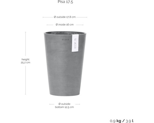 Grauer Pflanztopf Pisa 17.5 mit Maßangaben