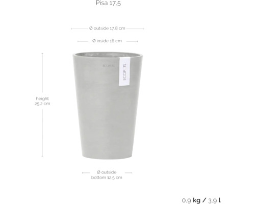 Pisa 17.5 Pflanzgefäß mit Maßangaben zu Höhe und Durchmesser