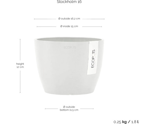 Cache-pot Ecopots Stockholm 16, diamètre extérieur 16,2 cm, diamètre intérieur 15 cm, hauteur 12 cm
