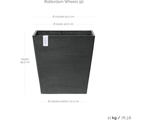 Rotterdam Wheels 50 Pflanzkübel mit Maßangaben